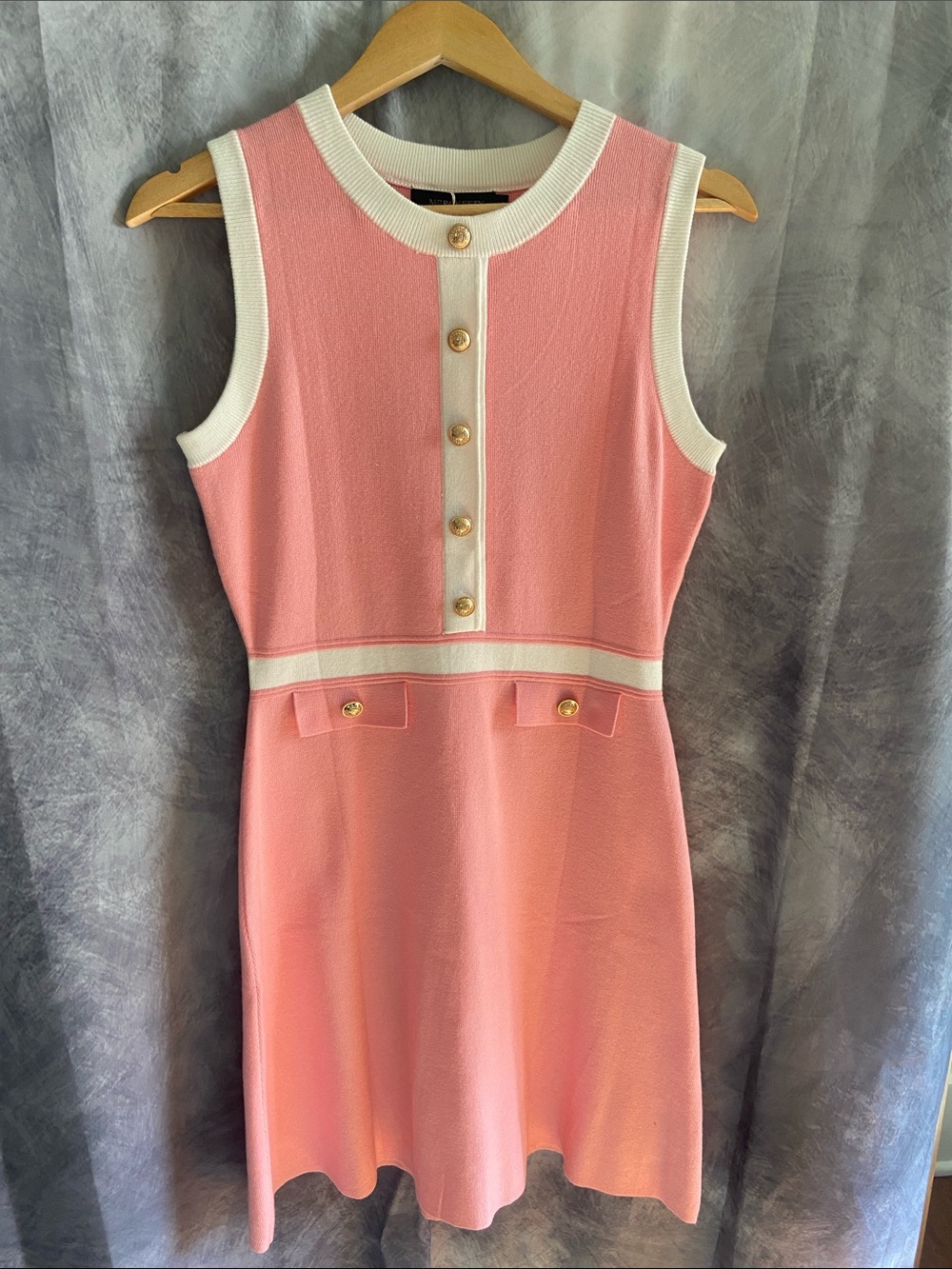 Sleeveless Pink Mini Dress with White Trim and Gold Buttons